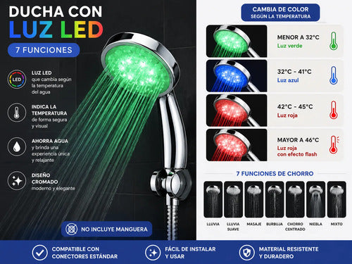 Duchero Ducha Con Luz Led 7 Funciones Temperatura Mango Baño Plateado