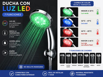 Duchero Ducha Con Luz Led 7 Funciones Temperatura Mango Baño Plateado