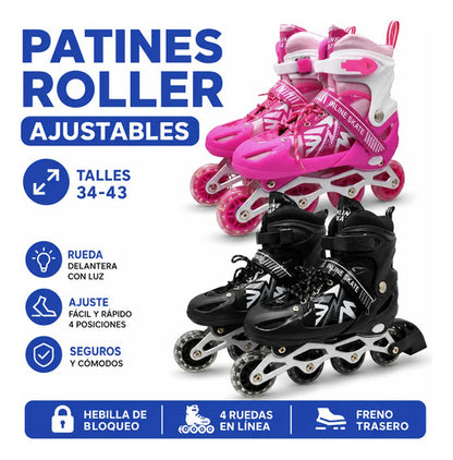 Patines Roller Ajustables 4 Ruedas Luz 34-38 39-43 En Línea 39 - 43 Negro
