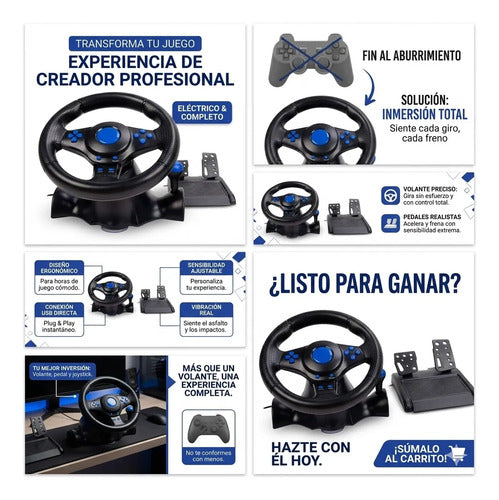 Volante Carreras Pedales Palanca Compatible Con Consolas Usb Negro