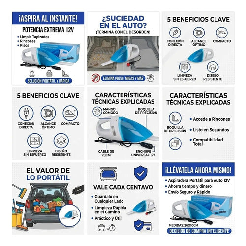 Aspiradora Portatil Para Auto 12v De Mano Con Cable Compacta Azul Marino