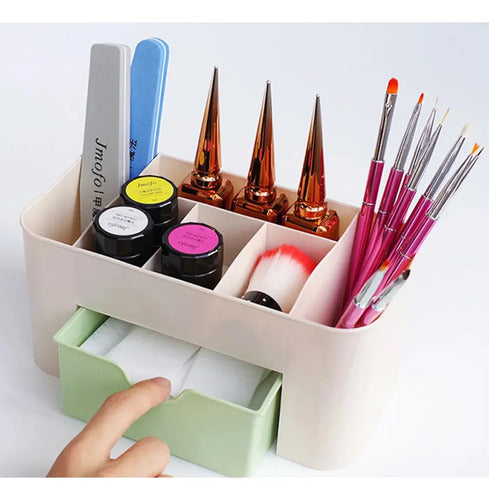 Organizador Maquillaje Cosmeticos Accesorios Plastico Beige Con Verde