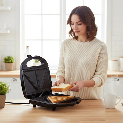 Sandwichera Electrica 750w Antiadherente Acero Inoxidable Eq Negro