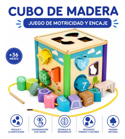 Cubo Didáctico Madera Motricidad Formas Colores 15cm 36m+ Multicolor