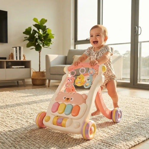 Gimnasio Andador Bebé 2 En 1 Piano Alfombra Celeste Con Beige