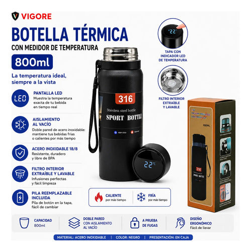 Botella Térmica Temperatura Filtro Acero Inoxidable Led 800m Negro