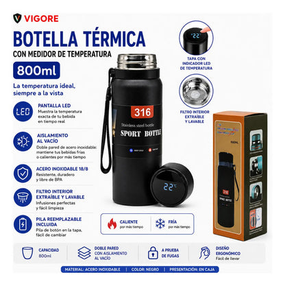 Botella Térmica Temperatura Filtro Acero Inoxidable Led 800m Negro