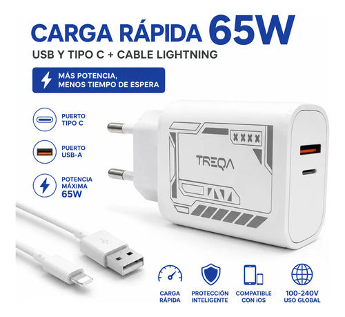 Cargador Rapido 65w Usb C Usb A Cable 8 Pines Celular Ios Blanco