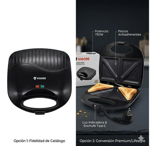 Sandwichera Electrica Antiadherente Luz Indicadora 750w Negro