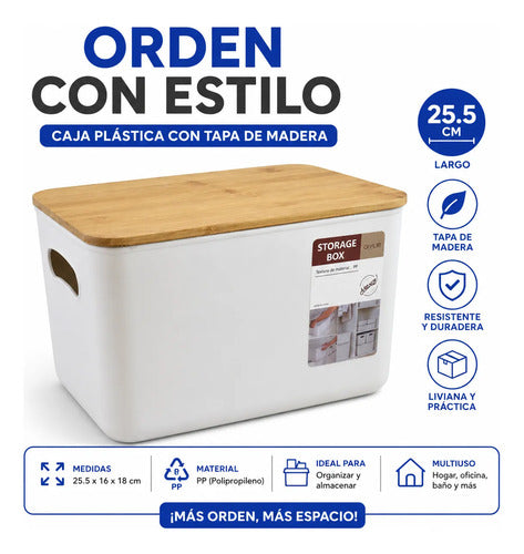 Contenedor Caja Organizadora Plastica Tapa Madera 25.5cm Pp Blanco