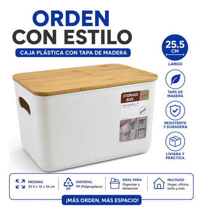 Contenedor Caja Organizadora Plastica Tapa Madera 25.5cm Pp Blanco