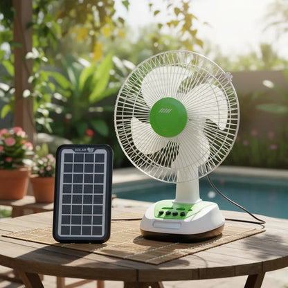 Ventilador Panel Solar Inalambrico Recargable Usb Focos 12  Blanco Con Verde