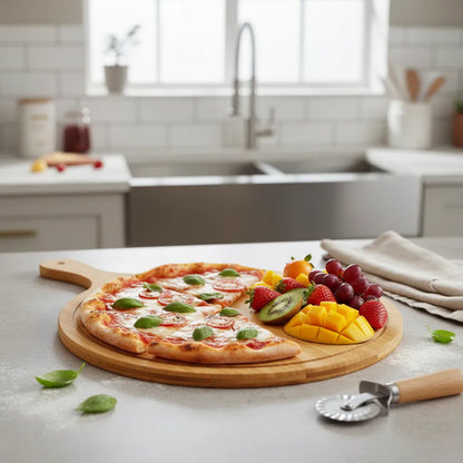 Tabla Cortar Picar Pizza Redonda Madera Con Mango 52x37cm Tabla Pizzera Con Mango