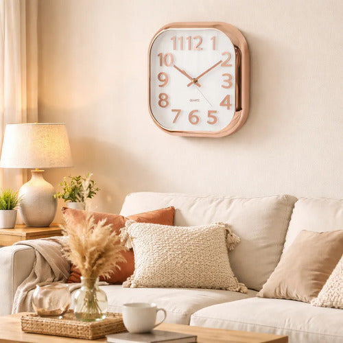 Reloj Pared Analogico Cuadrado Quartz 30cm Hogar Oficina Champagne