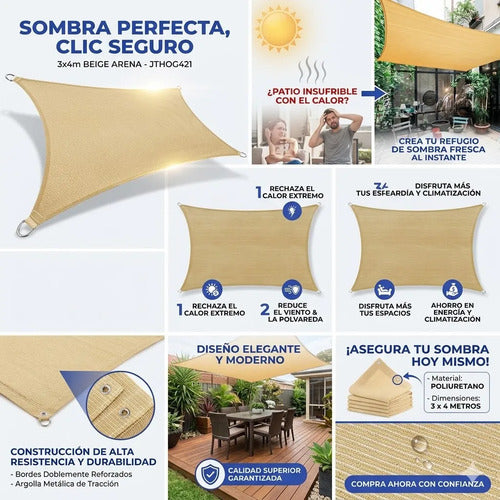 Toldo Malla Media Sombra Rectangular Reforzado 3x4 Metros Beige