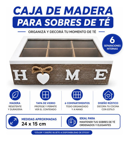 Caja Organizador Madera Sobres Té 6 Compartimentos 24x15cm Marrón Oscuro