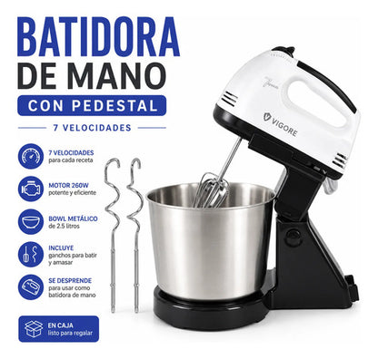Batidora Mano Pedestal Pie 7 Velocidades Bowl Metalico 2.5l Blanco 50/60 Hz