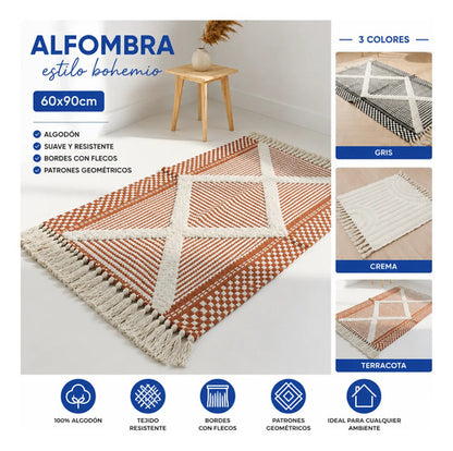 Alfombra Bohemia Algodón Decorativa 60x90 Geométrica Boho 90 Cm 60 Cm Crema