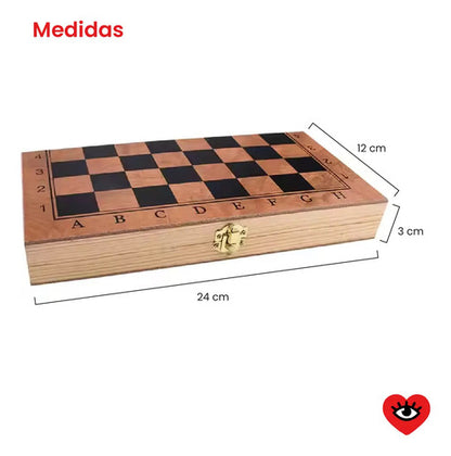 Juego Ajedrez Damas Backgammon Tablero Madera 24cm Portatil Veoquiero