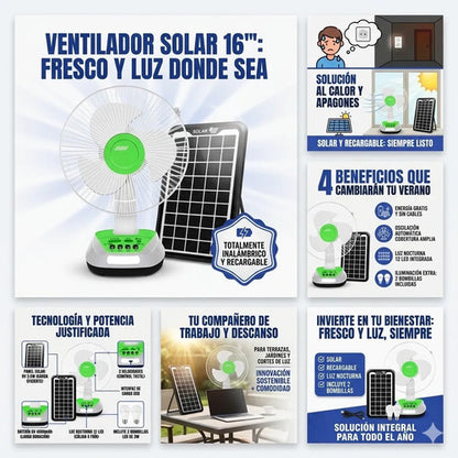 Ventilador Recargable Panel Solar Luces Usb Ios Android 42cm Verde