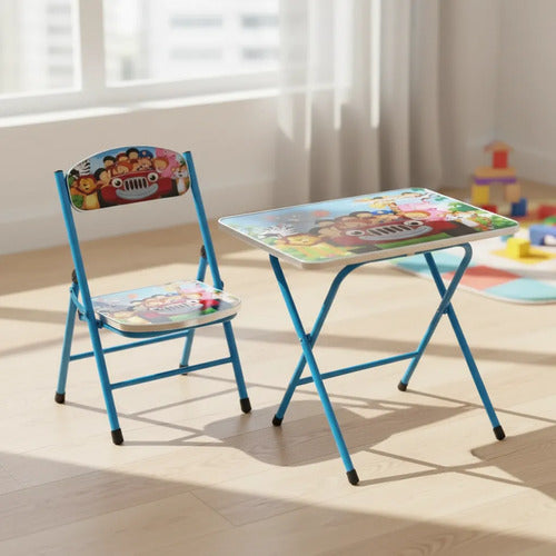Set Mesa Silla Infantil Plegable Diseño Escolar 60x40cm Azul