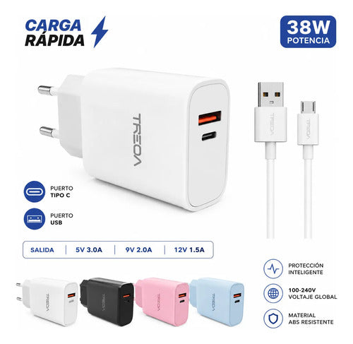 Cargador Rapido 38w Usb Tipo C Cable Micro Usb Carga Rapida Aleatorio - 4 Colores