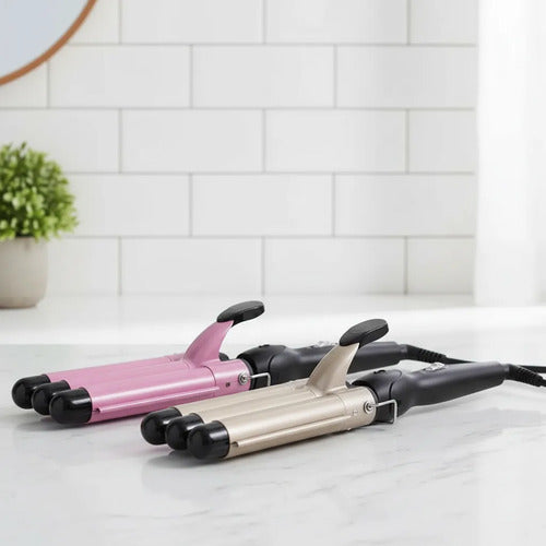 Rizador Buclera Ondas Profundas Triple Barril 220v Cilindro Rosa