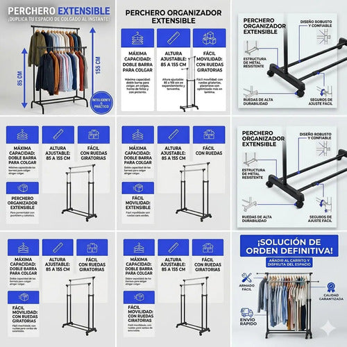 Perchero Ropero Doble Extensible Rueda Organizador 155 Metal Negro