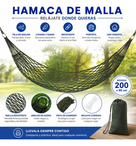 Hamaca Red Exterior Portátil Malla Camping Jardín 200x80cm Verde