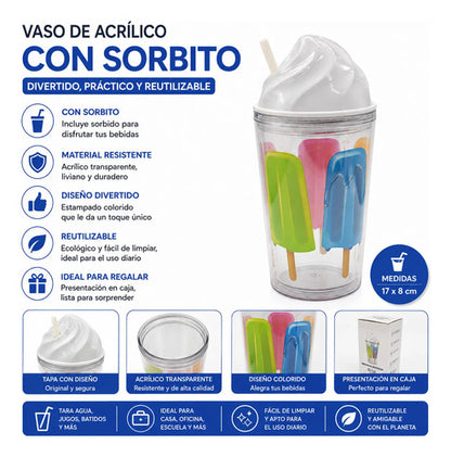 Vaso Reutilizable Acrílico Sorbito Y Tapa 17cm Transparente Transparente Con Diseños