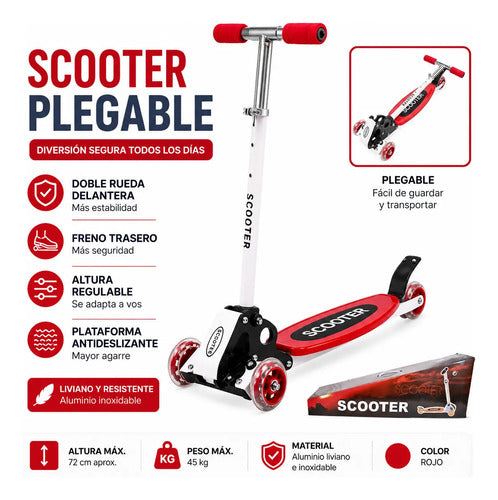 Monopatín Scooter Plegable 3 Ruedas Altura Regulable 45kg Rojo