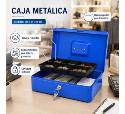 Caja Seguridad Metálica 30x24x9cm Llave Bandeja Removible Azul