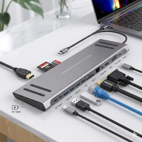 Docking Station Hub Usb C 14 En 1 Base Notebook Hdmi Rj45