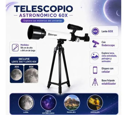Telescopio Astronómico 30x 60x Trípode Soporte Celular Blanco Con Negro