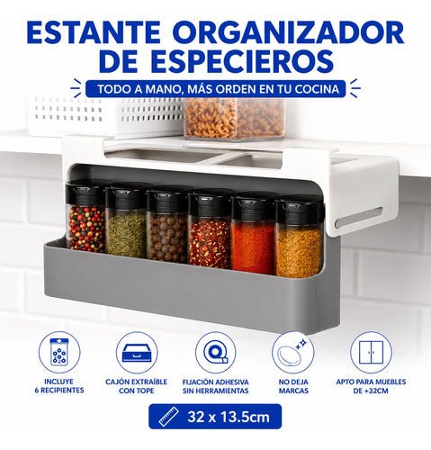 Organizador Estante Adhesivo Especias Cocina Set X6 Frascos Gris