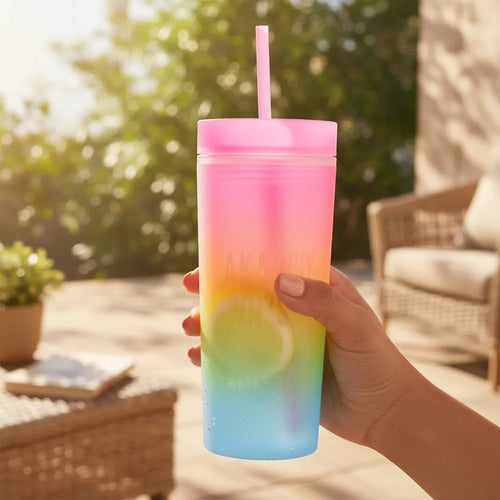 Vaso Acrílico Tapa Sorbito 500ml Multicolor Frase Liviano Multicolor
