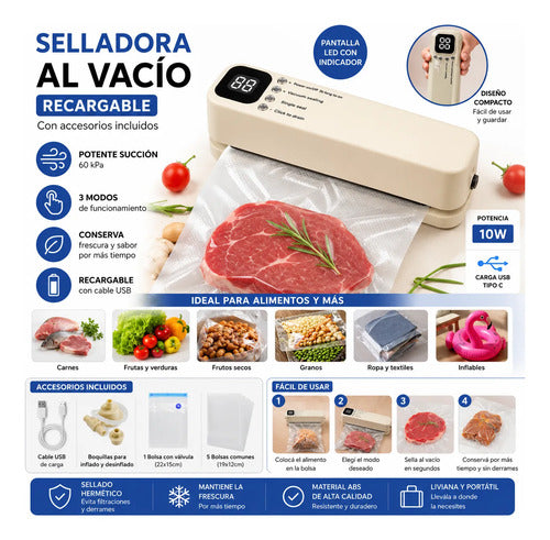 Selladora Envasadora Al Vacio Recargable Compacta Usb 10w