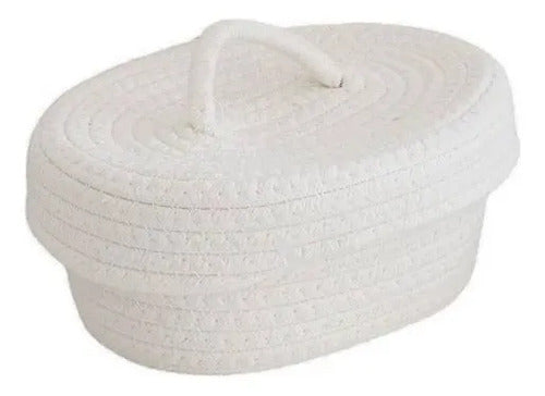 Canasto Cesto Organizador Tejido Cuerda Algodón Tapa 27x9cm Blanco