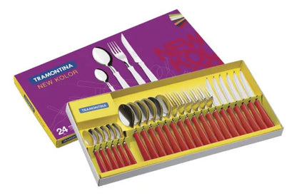Juego/set De Cubiertos New Kolor X24 Mango Plastico Mesa Rojo