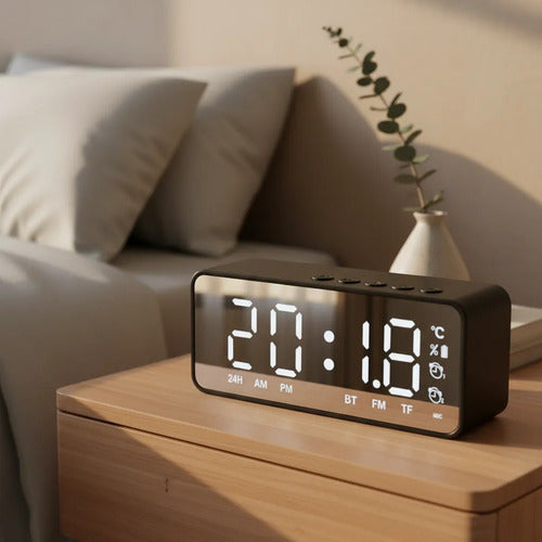 Reloj Despertador Alarma Fm Tf Aux Recargable 800mah Soporte Negro
