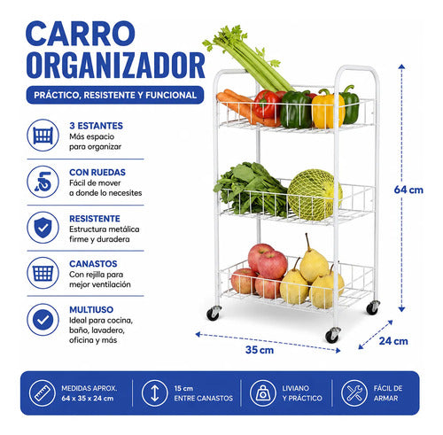 Estante Organizador Carro Ruedas 3 Estanterías 64x35x24cm Blanco