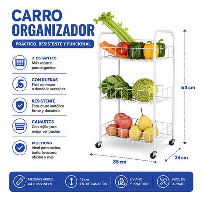 Estante Organizador Carro Ruedas 3 Estanterías 64x35x24cm Blanco