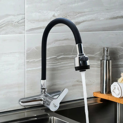 Monocomando Mesada 20cm Ente Caño Cocina Canilla Flexible Plateado Con Negro