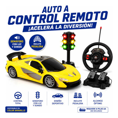 Auto Rc Infantil Volante Pedalera Semáforo Luz Sonido 24cm Rojo