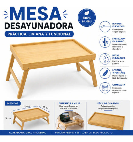 Mesa Bandeja Desayunadora Plegable Bambú 40x30cm Madera Madera Natural