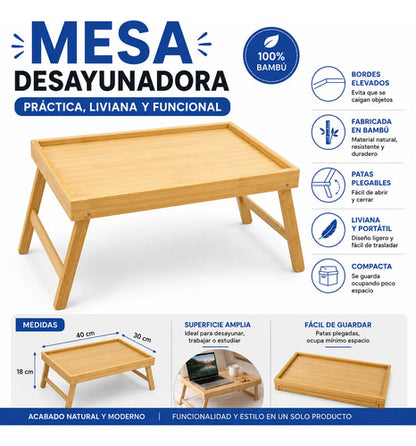 Mesa Bandeja Desayunadora Plegable Bambú 40x30cm Madera Madera Natural
