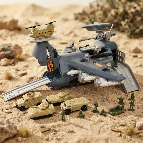 Avión Porta Vehículos Militar Soldados Accesorios 35cm Gris Militar Beige Y Verde Oliva
