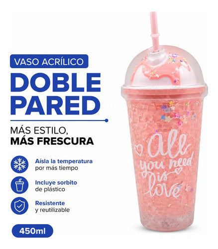 Vaso Acrílico Doble Pared Sorbito 450ml Helado Rosa Rosa
