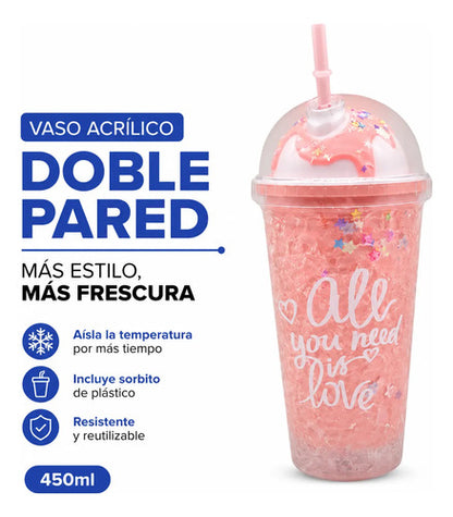 Vaso Acrílico Doble Pared Sorbito 450ml Helado Rosa Rosa