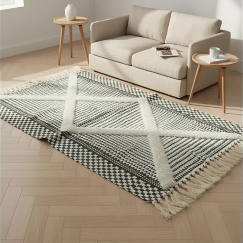 Alfombra Bohemia Algodón Decorativa 60x90 Geométrica Boho 90 Cm 60 Cm Gris